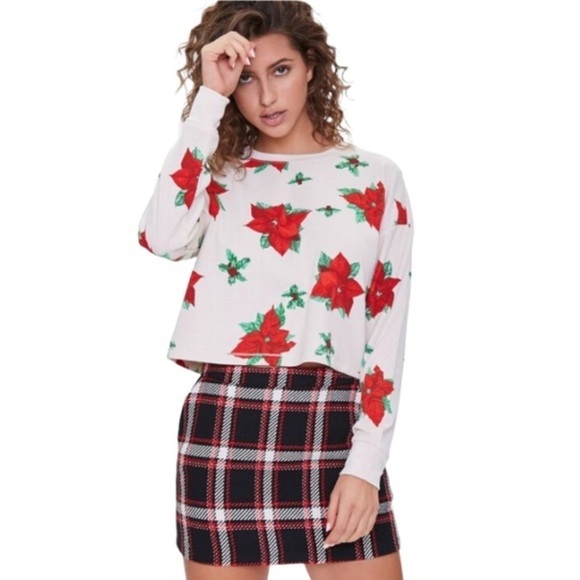Forever 21 Women Poinsettia Print Long Sleeve Top Size Small NWT - Picture 1 of 6